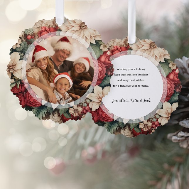 Elegant Holiday Floral Photo Ornament Card (Creator Uploaded)