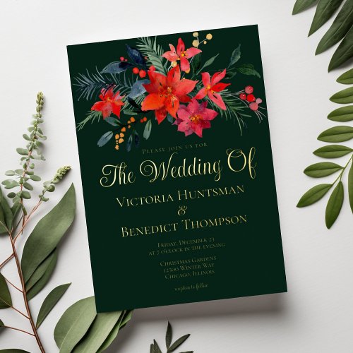 Elegant Holiday Floral Winter Wedding Green Gold Foil Invitation