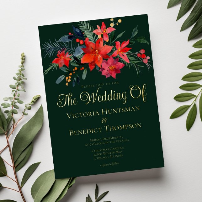 Elegant Holiday Floral Winter Wedding Green Gold Foil Invitation (Creator Uploaded)