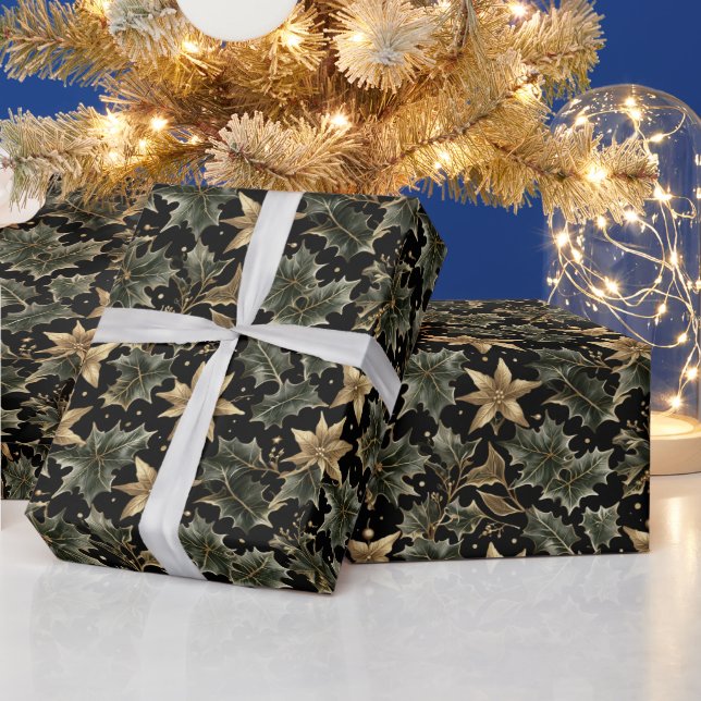 Elegant Holiday Foliage Wrapping Paper on Black (Holidays)
