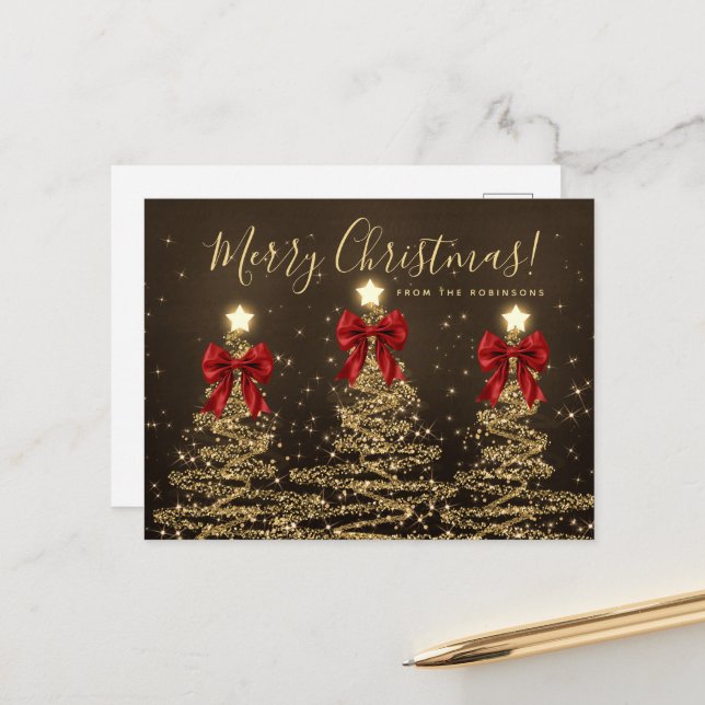 Elegant Holiday Gold Christmas Trees w/ Red Bows Postcard (Front/Back In Situ)