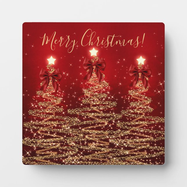 Elegant Holiday Gold Red Christmas Trees w/ Bows Plaque (Front)