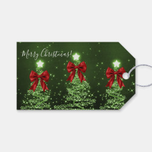 Elegant Holiday Green Christmas Trees Red Bows Gift Tags