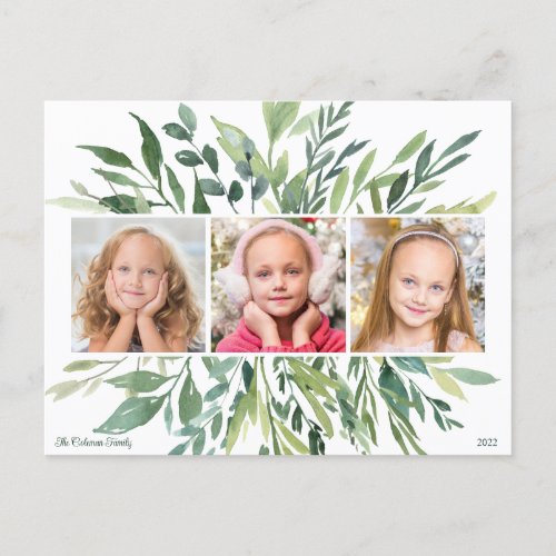 Elegant Holiday Greenery Family 3 Photo Modern Postcard