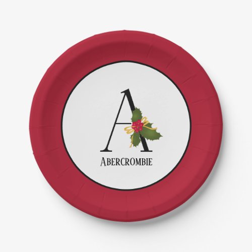 Elegant Holiday Holly Berries Monogram Initial A Paper Plates