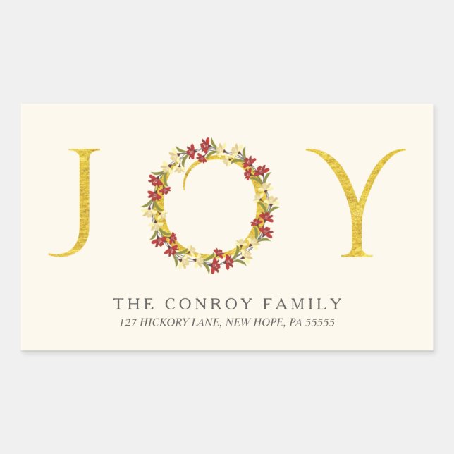 Elegant Holiday Joy Gold Wreath Return Address Rectangular Sticker (Front)
