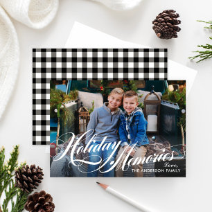 Elegant Holiday Memories Calligraphy Photo Gingham Card