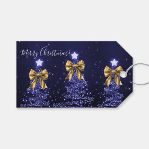 Elegant Holiday Navy Blue Christmas Trees Gold Gift Tags