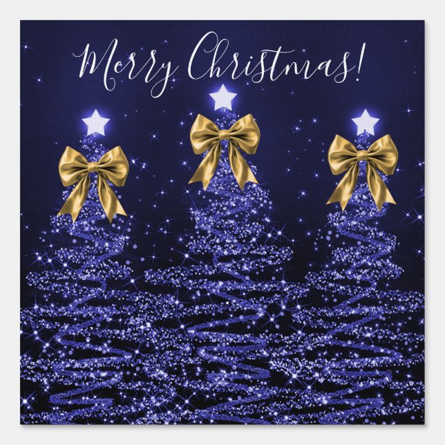 Elegant Holiday Navy Christmas Trees Bows Gold  Sign (Front)