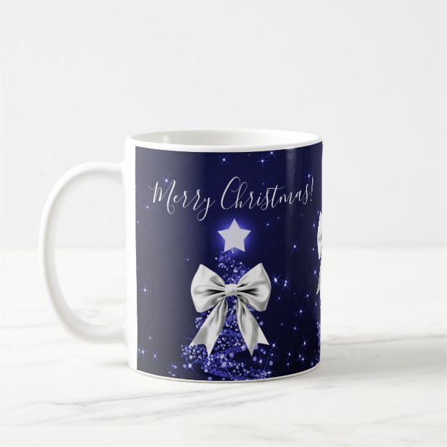 Elegant Holiday Navy Christmas Trees Silver Bows Coffee Mug (Left)