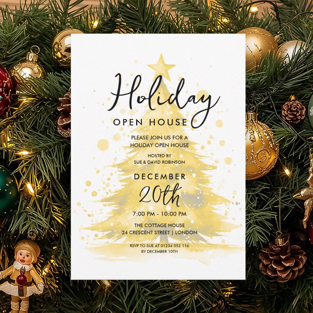 Elegant Holiday Open House Gold Hand Painted Tree Invitation (Elegant Holiday Open House Gold Hand Painted Tree Invitation)