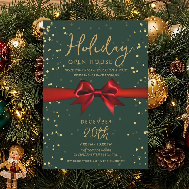 Elegant Holiday Open House Red Bow Green  Invitation (Elegant Holiday Open House Red Bow Green Invitation)