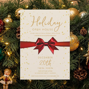 Elegant Holiday Open House Red Bow Invitation