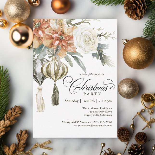 Elegant Holiday Ornaments Floral Christmas Party Invitation (Available in both printed and instant download digital format.)