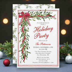 Elegant Holiday Party Mistletoe Red Bow Invitation