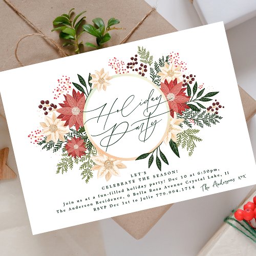 Elegant Holiday Party Poinsettia Wreath Splendor Invitation