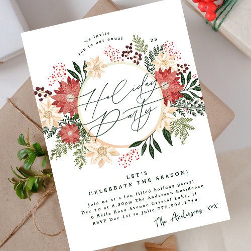 Elegant Holiday Party Poinsettia Wreath Splendor Invitation