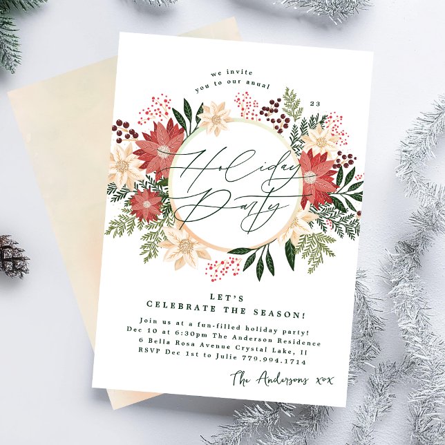 Elegant Holiday Party Poinsettia Wreath Splendor Invitation (Creator Uploaded)