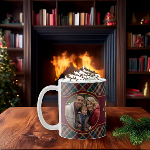 Elegant Holiday Photo Plaid Monogram Name Coffee Mug