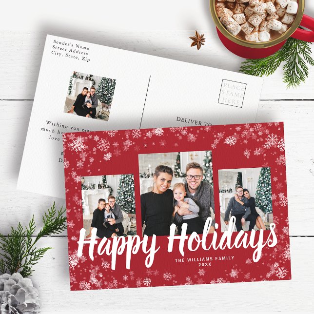 Elegant Holiday Photo Postcard (Elegant Red Holiday Photo Collage Postcard)