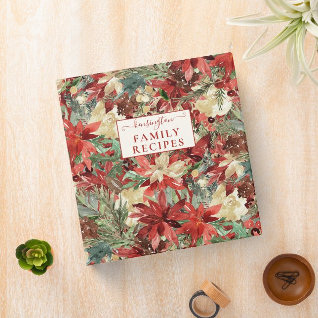 Elegant Holiday Poinsettia Christmas Family Recipe 3 Ring Binder (In Situ)