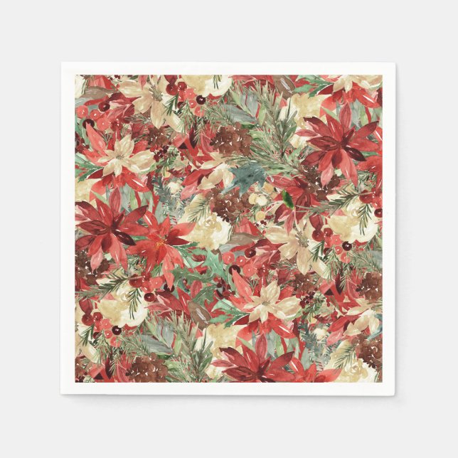 Elegant Holiday Poinsettia Christmas Floral Napkins (Front)