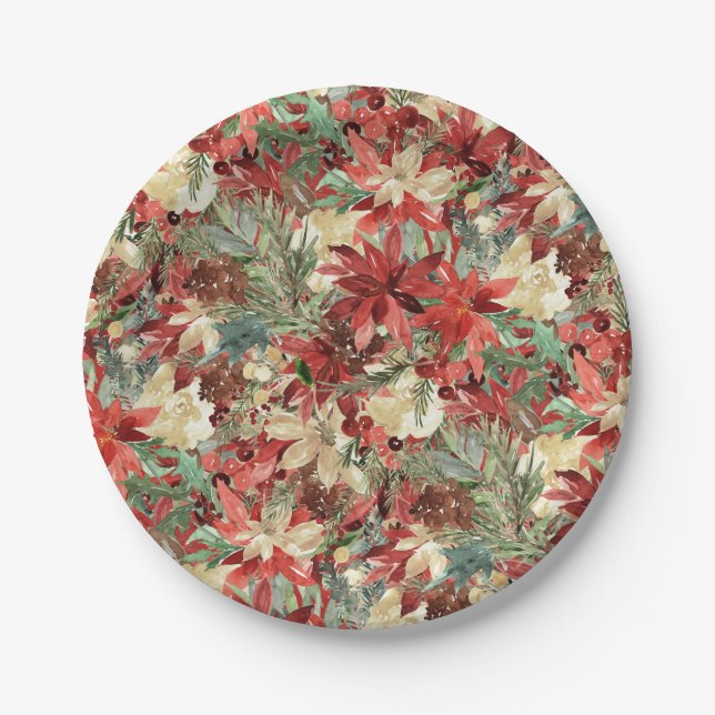 Elegant Holiday Poinsettia Christmas Floral Paper Plates (Front)