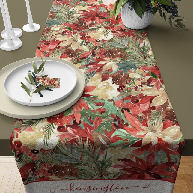 Elegant Holiday Poinsettia Christmas Floral Short Table Runner (Elegant Holiday Poinsettia Christmas Floral Short Table Runner)
