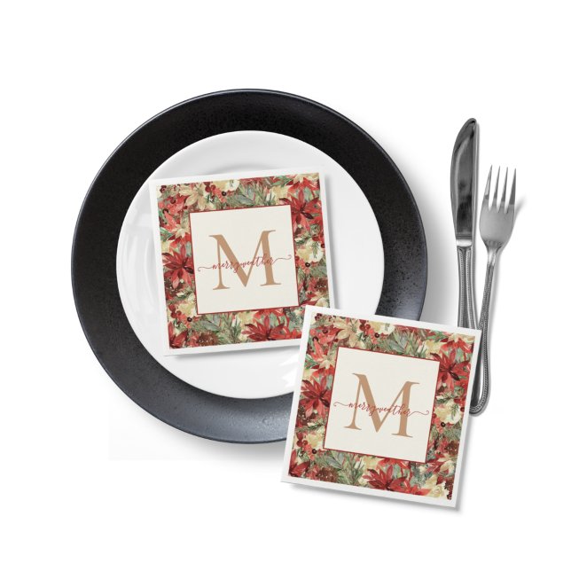 Elegant Holiday Poinsettia Christmas Monogram Napkins (Creator Uploaded)