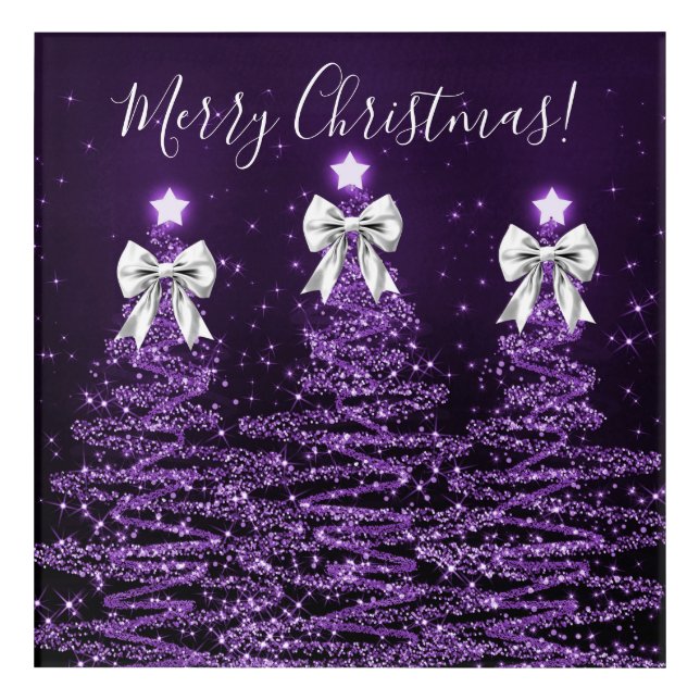 Elegant Holiday Purple Christmas Trees Silver Bows Acrylic Print (Front)