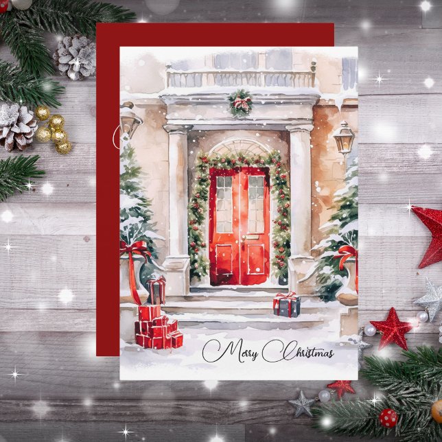 Elegant Holiday Red Door Garland Merry Christmas Card (Creator Uploaded)