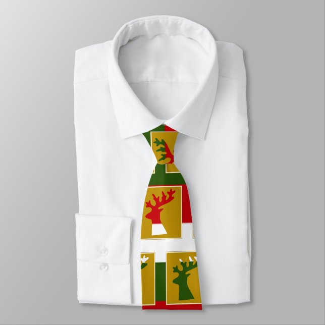 Elegant Holiday Reindeer Pattern Green Red & Gold Neck Tie (Tied)