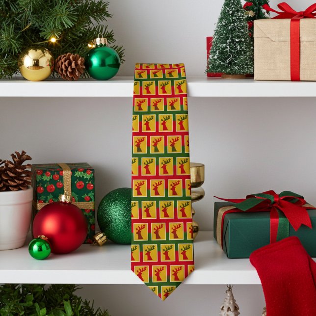 Elegant Holiday Reindeer Pattern in Green Red Gold Neck Tie (Festive reindeer necktie)