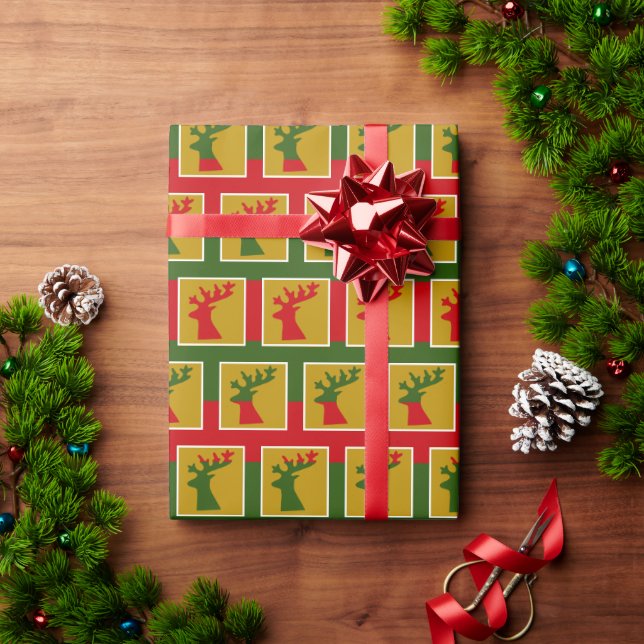 Elegant Holiday Reindeer Pattern in Green Red Gold Wrapping Paper (Holiday Gift)