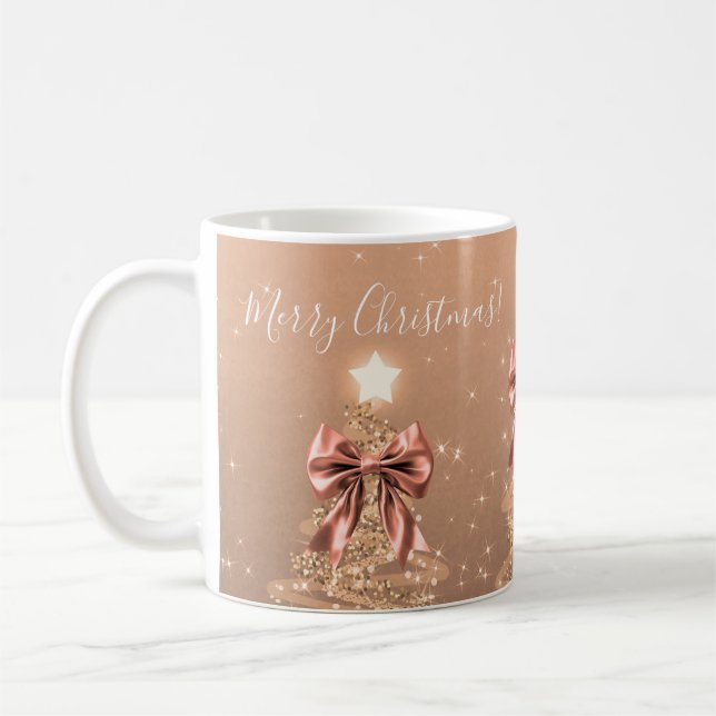 Elegant Holiday Rose Gold Christmas Trees Bows Coffee Mug (Left)