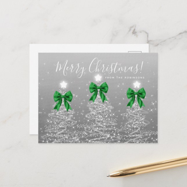 Elegant Holiday Silver Christmas Trees Green Bows Postcard (Front/Back In Situ)