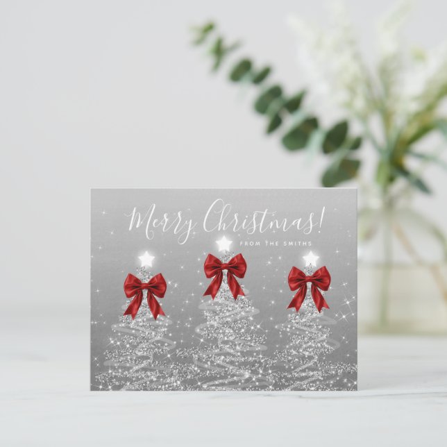 Elegant Holiday Silver Christmas Trees Red Bows Postcard (Standing Front)