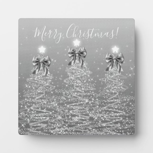 Elegant Holiday Silver Christmas Trees w/ Bows Plaque (Front)