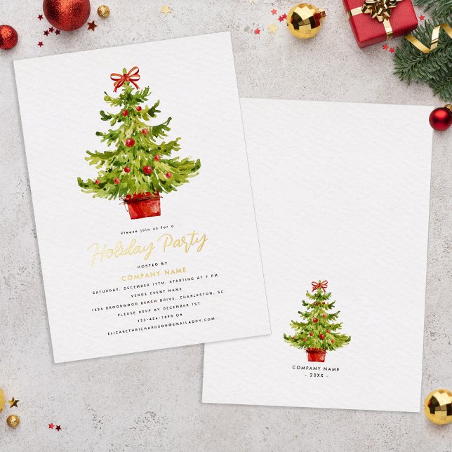Elegant Holiday Tree Company Party  Real Gold Foil Invitation (Elegant Holiday Tree Company Party Real Gold Foil Invitation)