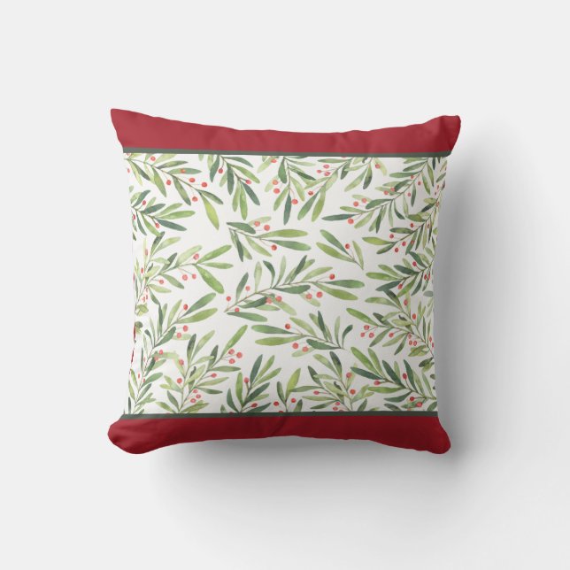 Elegant Holly and Berries Christmas Holiday Throw Pillow (Front)