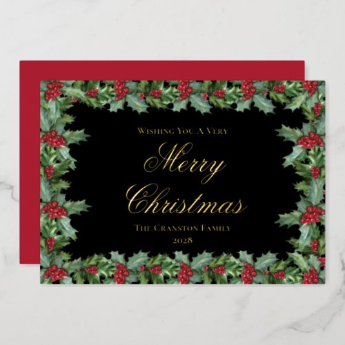 Elegant Holly and Berries Frame Christmas Foil Holiday Card