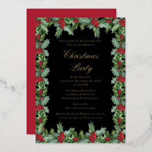 Elegant Holly and Berries Frame Christmas Party Foil Holiday Card