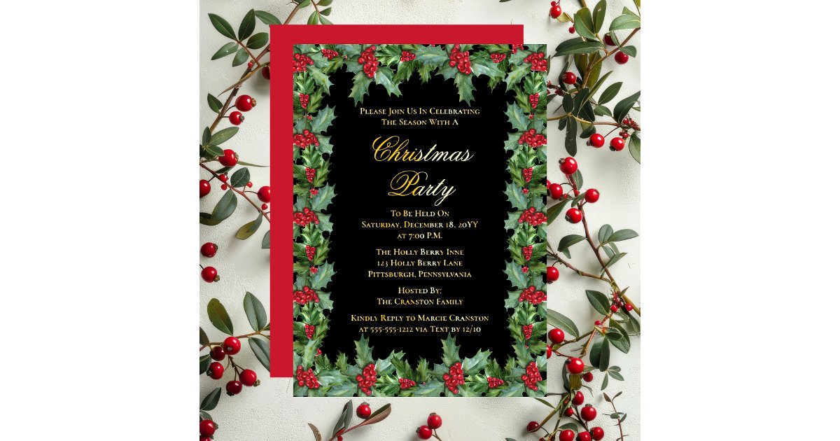 Elegant Holly and Berries Frame Christmas Party Foil Holiday Card | Zazzle