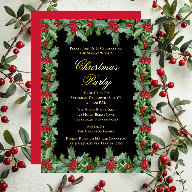 Elegant Holly and Berries Frame Christmas Party Foil Holiday Card | Zazzle