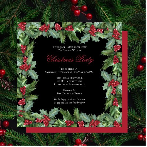 Elegant Holly and Berries Frame Christmas Party In Invitation
