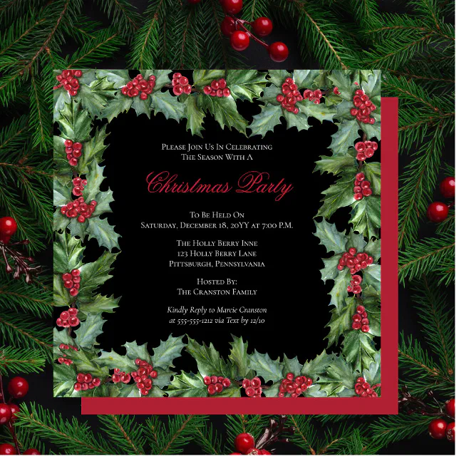 Elegant Holly and Berries Frame Christmas Party In Invitation | Zazzle