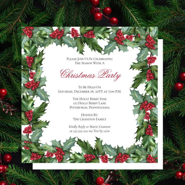 Elegant Holly and Berries Frame Christmas Party In Invitation | Zazzle