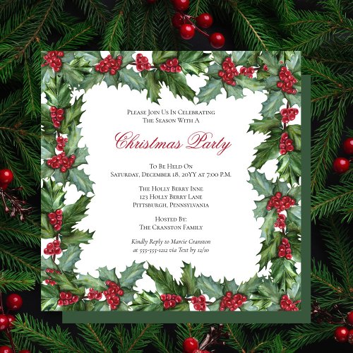 Elegant Holly and Berries Frame Christmas Party Invitation