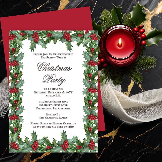 Elegant Holly and Berries Frame Christmas Party Letterpress Photo Cards (Elegant Holly and Berries Frame Christmas Party Letterpress Invitation)