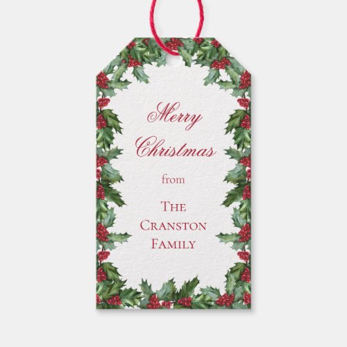 Elegant Holly and Berries Wreath Merry Christmas Gift Tags